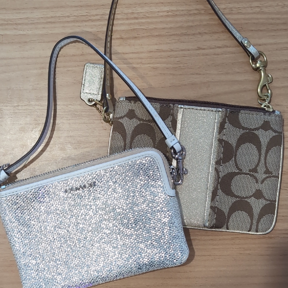 Coach Silver Glitter and Brown Pattern Wristlet Duo